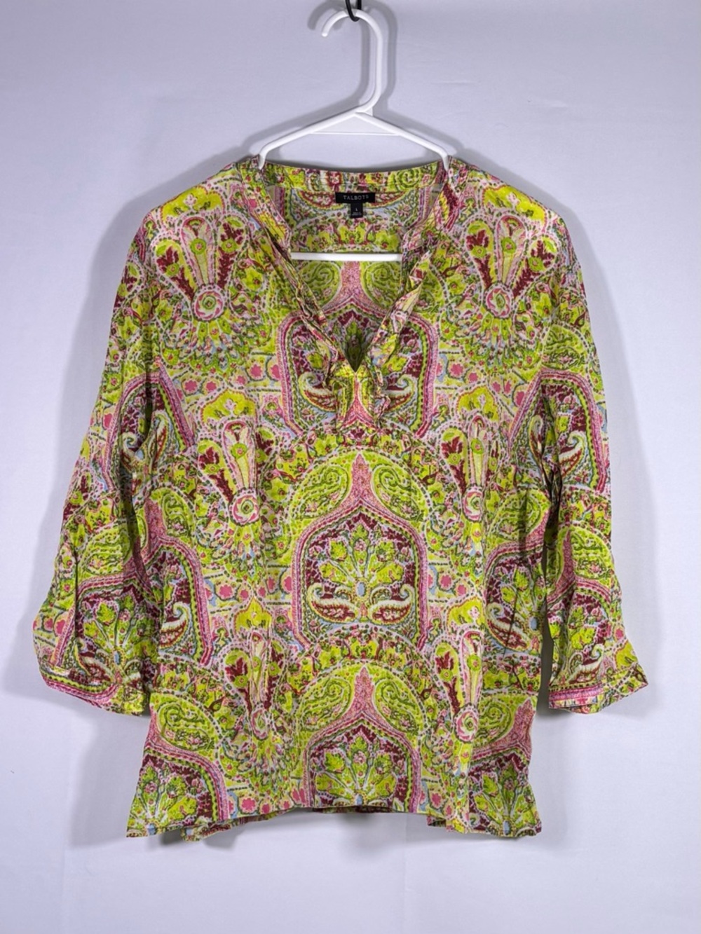 Talbots Lime & Pink Paisley Split V-Neck Cotton Tunic Blouse Size Large